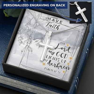 Dad To Son Gifts - The Lord My God Lights Up My Darkness Customize Engraved Cross Necklace