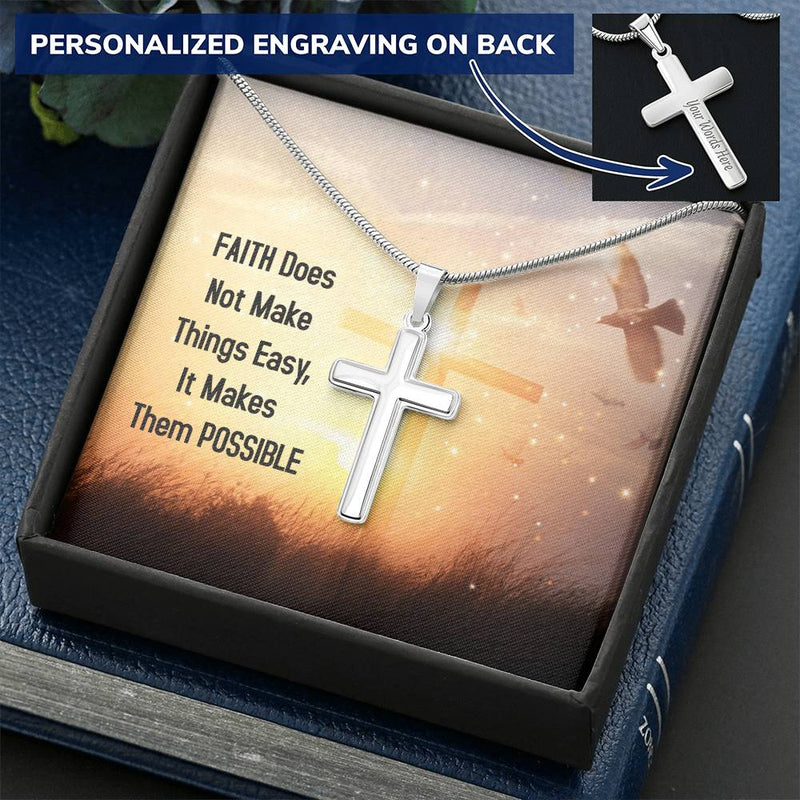 Faith Makes Things Possible Customize Cross Necklace For My Son Customize Engraved Cross Necklace