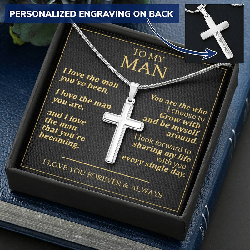 For Your Man - Love The Man You Are - Cross Customize Engraved Cross Necklace