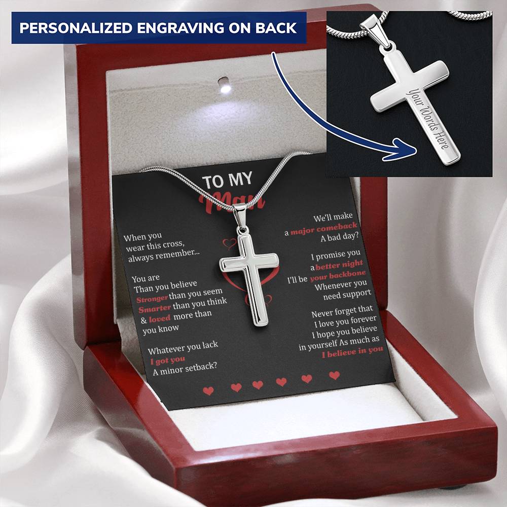 For Your Man - Stronger Than You Seem - Cross Customize Engraved Cross Necklace