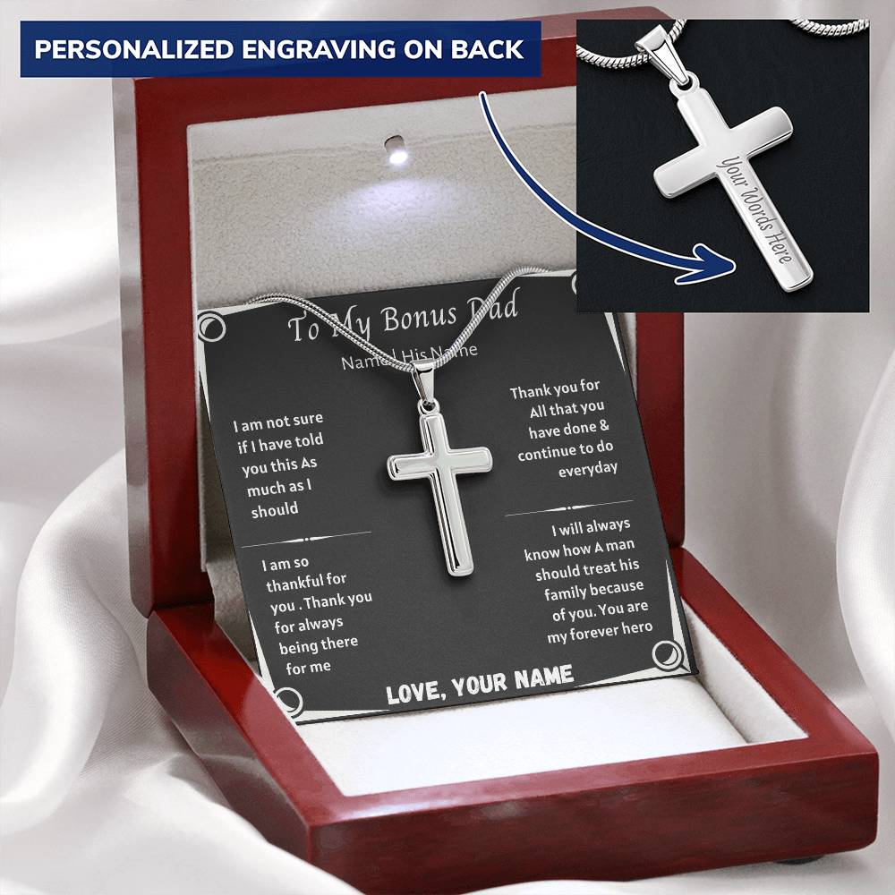 Gift For Bonus Dad Customize Engraved Cross Necklace