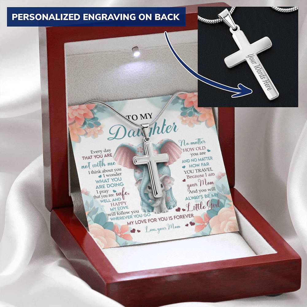 To My Daughter Cross Necklace - Elephant Lovers Customize Engraved Cross Necklace