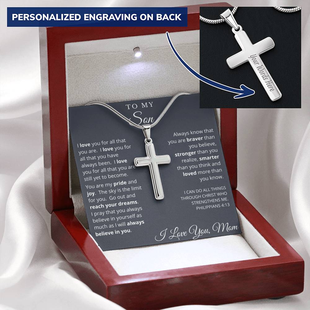 Graduation Gift For Son From Mom - Cross Necklace - Customize Engraving Customize Engraved Cross Necklace