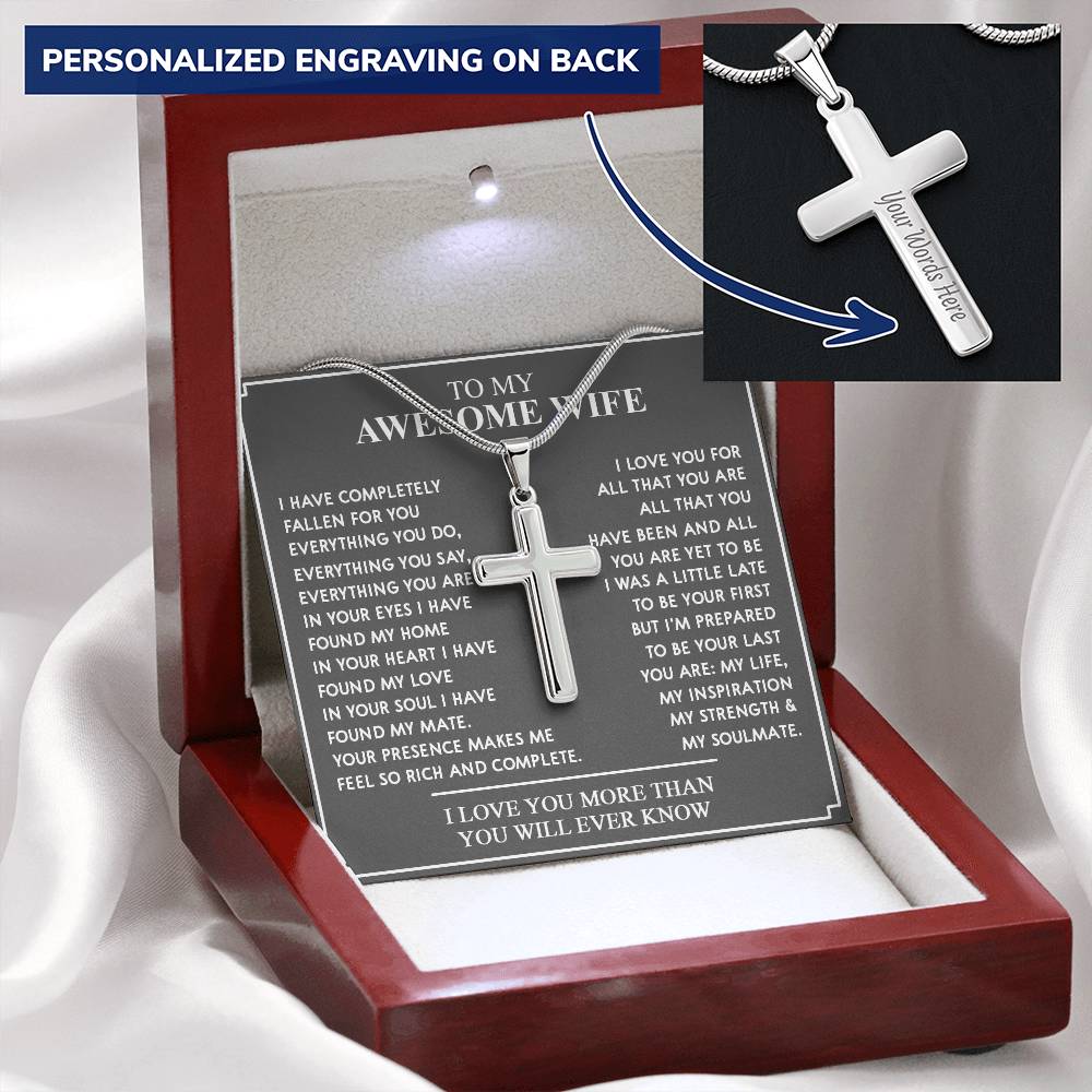 To My Awesome Wife Cross Necklace Customize Engraved Cross Necklace