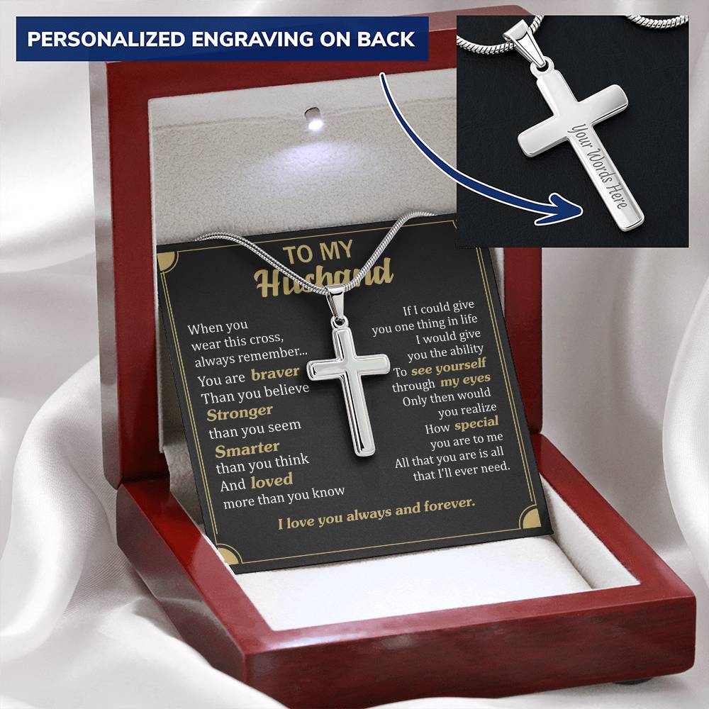 For Husband - Braver - Cross Customize Engraved Cross Necklace