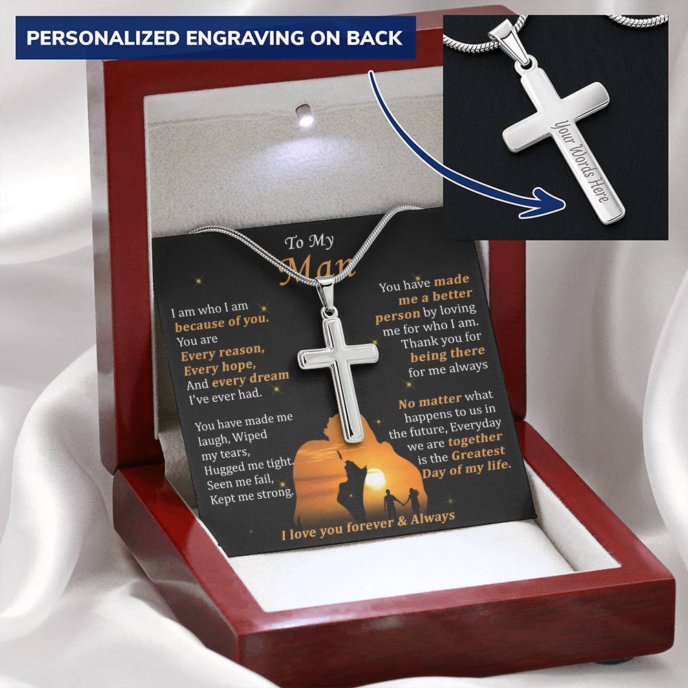 For Your Man - Hug Me Tight - Cross Customize Engraved Cross Necklace