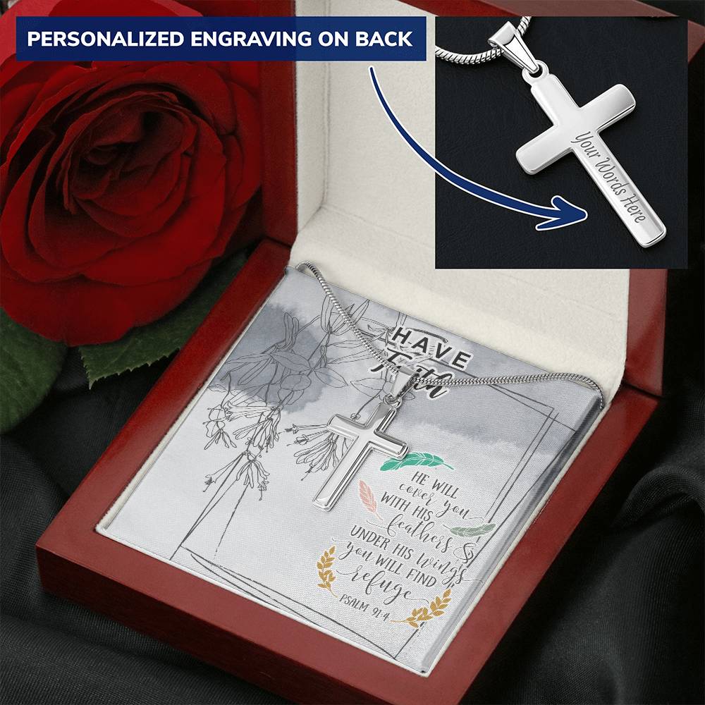 Dad To Son Gifts - He Will Cover You With His Feathers & Under His Wings You Will Find Refuge Customize Engraved Cross Necklace