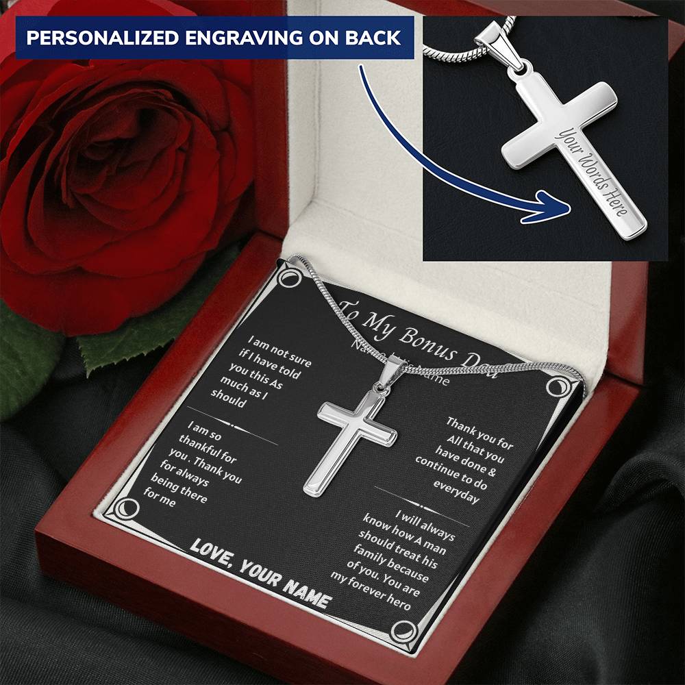 Gift For Bonus Dad Customize Engraved Cross Necklace