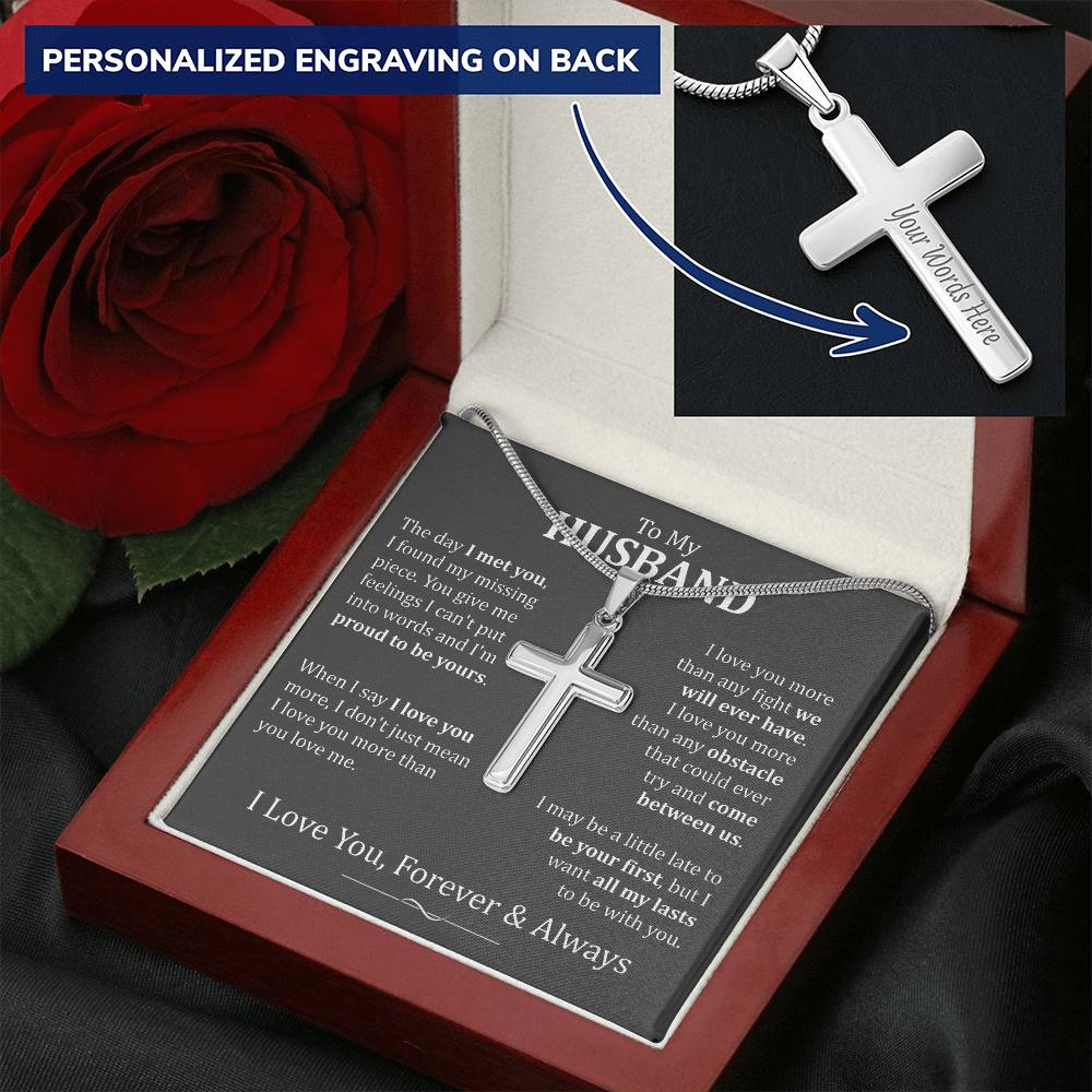To My Husband Cross Necklace Customize Engraved Cross Necklace