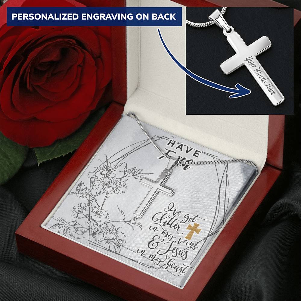 Dad To Son Gifts Cross Necklace Chain Bible Verse - I've Got Glitter In My Veins & Jesus In My Heart Customize Engraved Cross Necklace