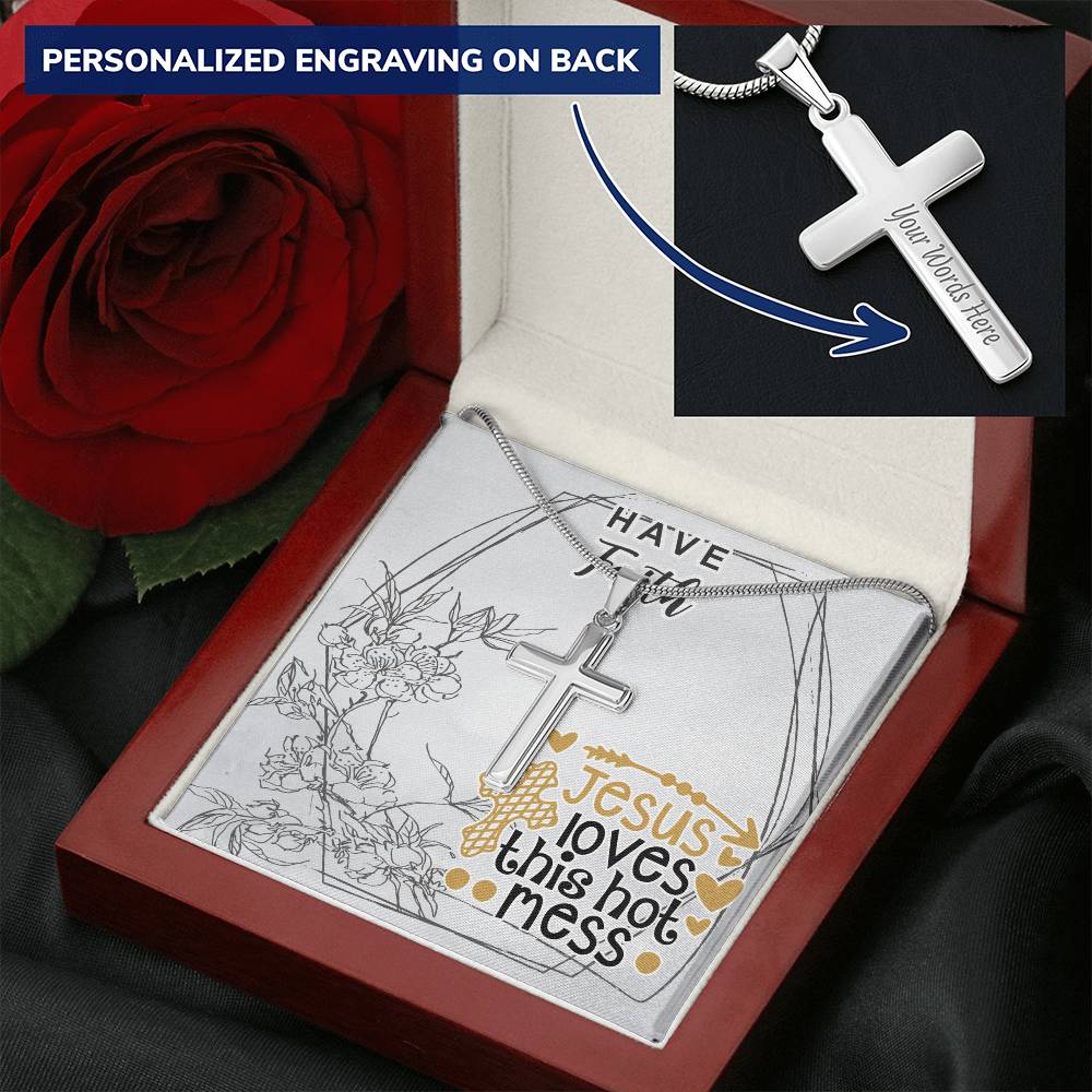 Dad To Son Gifts Cross Necklace Chain Bible Verse - Jesus Loves This Hot Mess Customize Engraved Cross Necklace