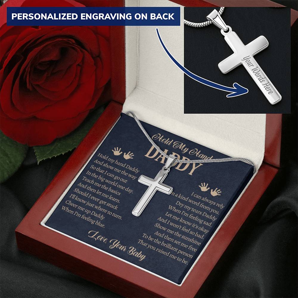 Fathers Day Gift From Baby Customize Father Gift From Baby Hold My Hand Daddy Gift Daddy 1 Customize Engraved Cross Necklace