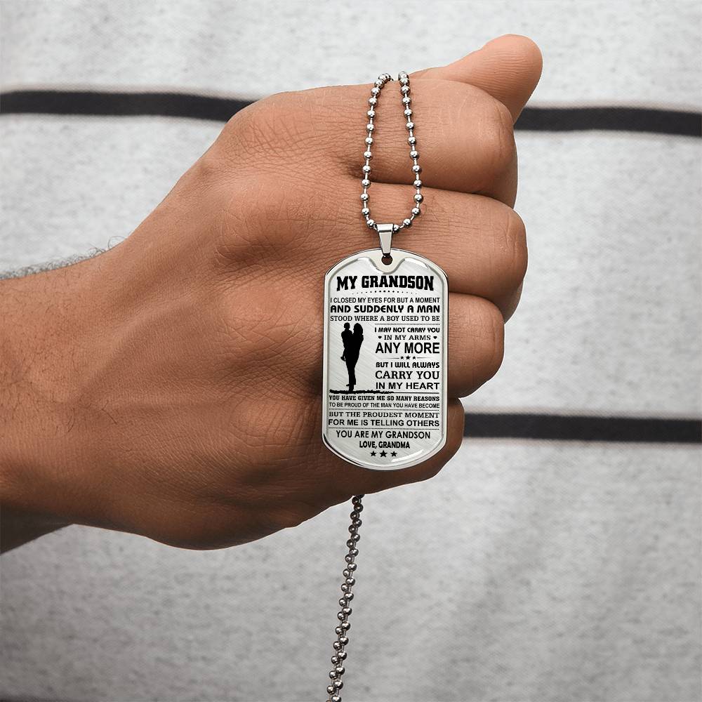 Grandson Dogtag - Proud Of You - Love, Grandma - Army Tag Necklace, Dog Tag Necklace