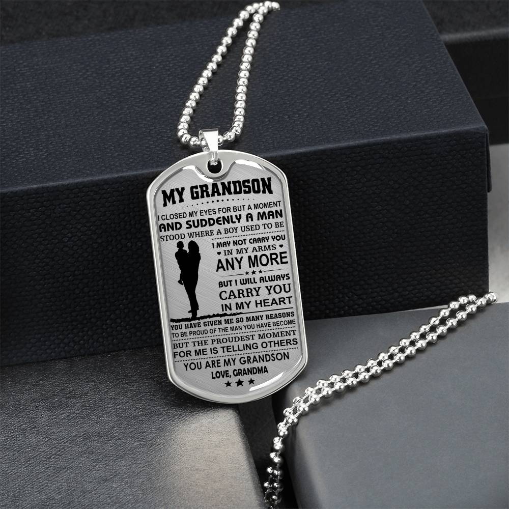 Grandson Dogtag - Proud Of You - Love, Grandma - Army Tag Necklace, Dog Tag Necklace