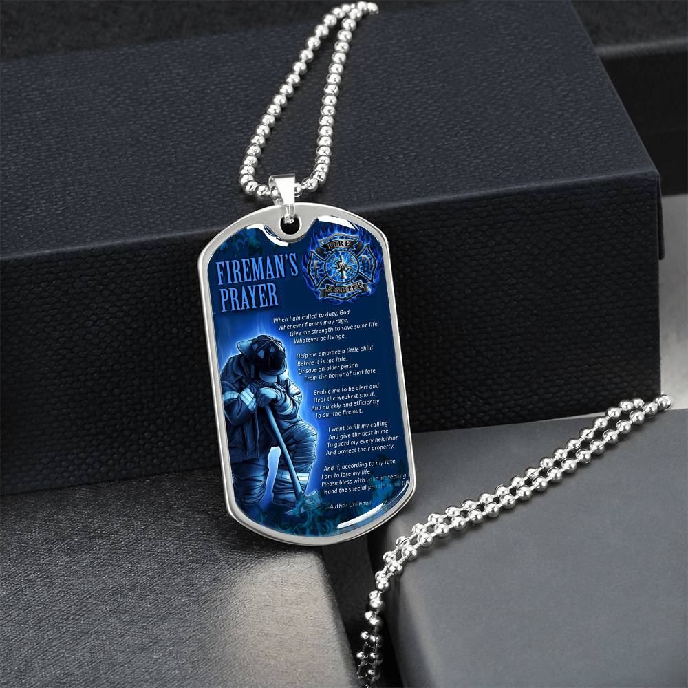 Fireman's Prayer Pendant With Military Ball Chain - Army Tag Necklace, Dog Tag Necklace