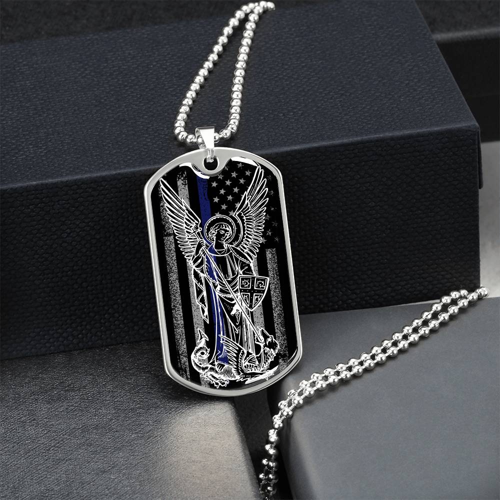 Police Officer Thin Blue Line With Archangel Michael Dogtag - Army Tag Necklace, Dog Tag Necklace