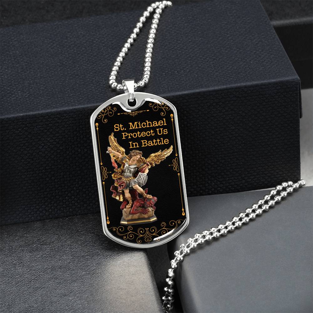 Men's Bronze Archangel St. Michael Shield Necklace, Antiqued Brass Chain, St Michael Protect Us In Battle Police Dog Tag - Army Tag Necklace, Dog Tag Necklace