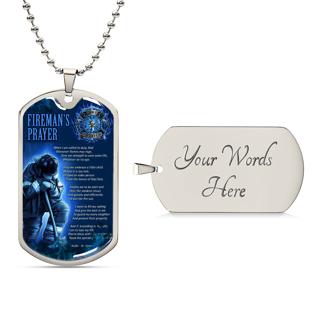 Fireman&#39;s Prayer Pendant With Military Ball Chain - Army Tag Necklace, Dog Tag Necklace
