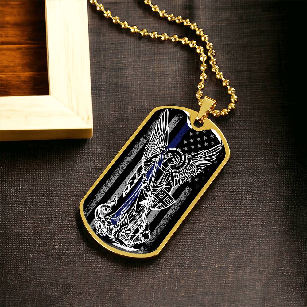 Police Officer Thin Blue Line With Archangel Michael Dogtag - Army Tag Necklace, Dog Tag Necklace