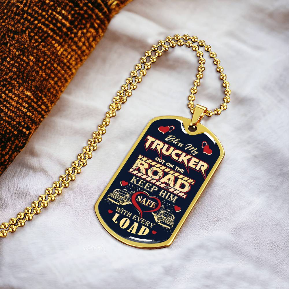 Bless My Trucker - Gift For Trucker - Truck Driver Gifts - Army Tag Necklace, Dog Tag Necklace