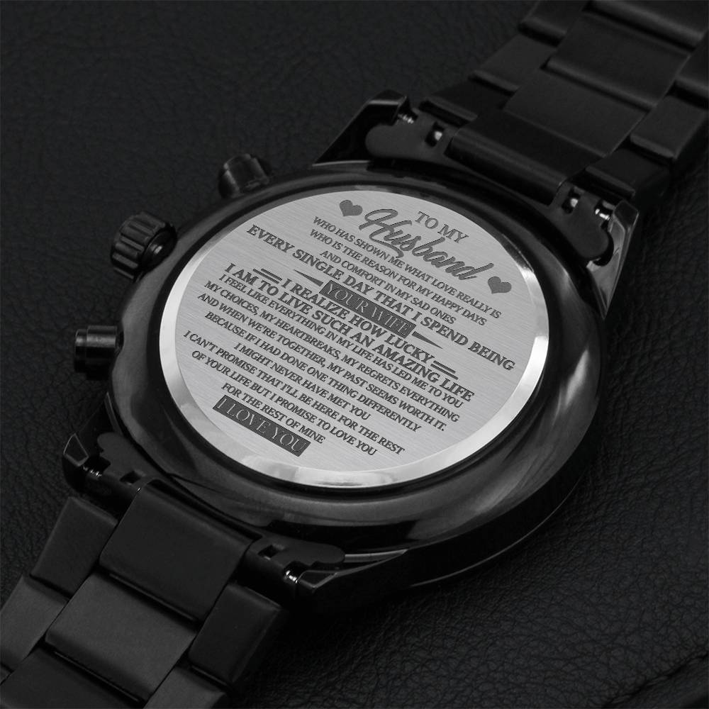 To My Husband Customized Black Chronograph Watch For Father's Day From Wife Engraving Chronograph Watch