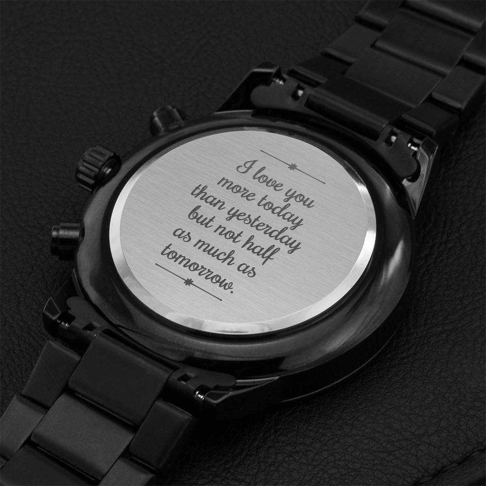 Gift For Husband Fathers Day Gift From Wife Soulmate Gift Black Chronograph Engraved Watch For Men Christmas Gift For Fiance 1 Engraving Chronograph Watch