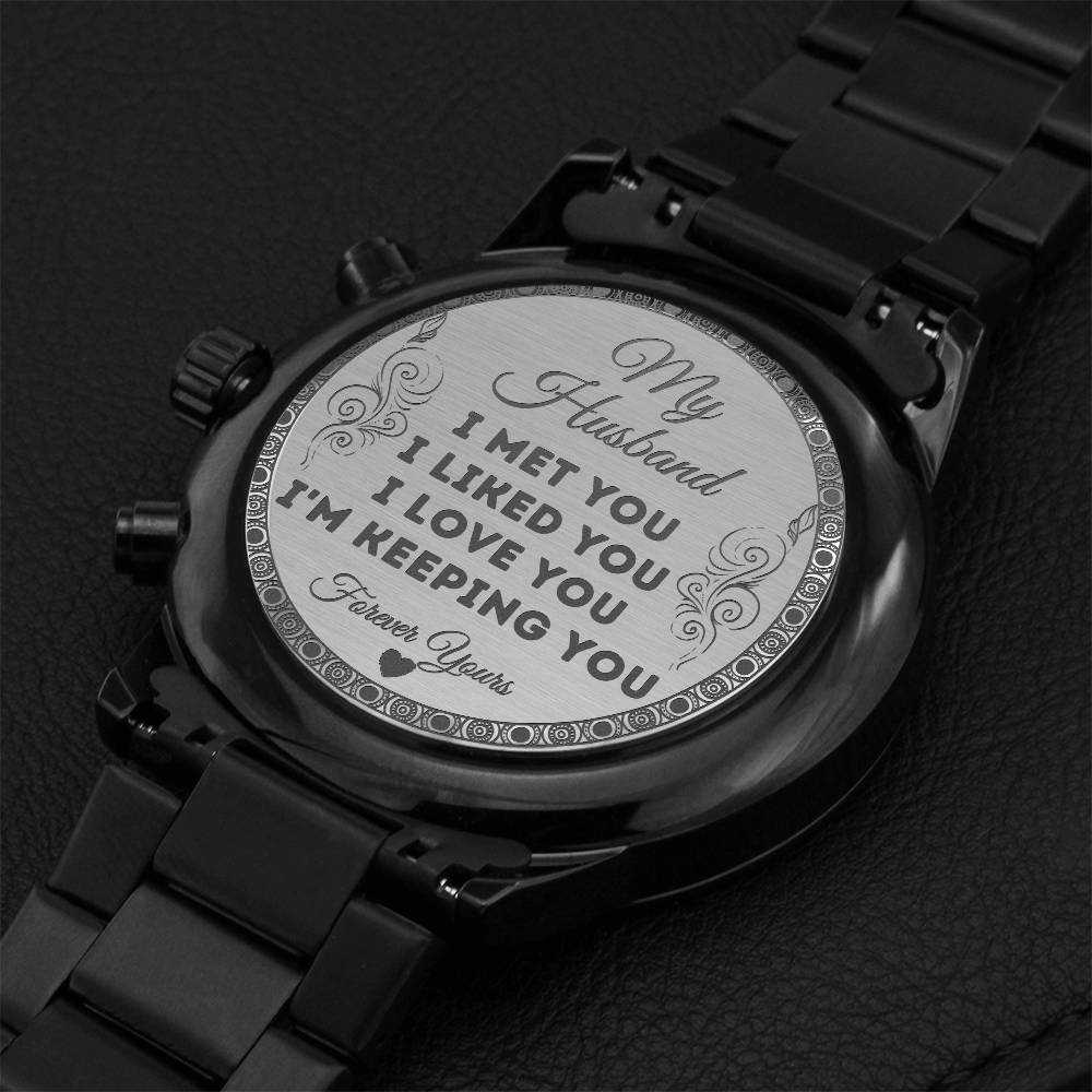 To My Husband L Engraved Design Black Chronograph Watch Engraving Chronograph Watch