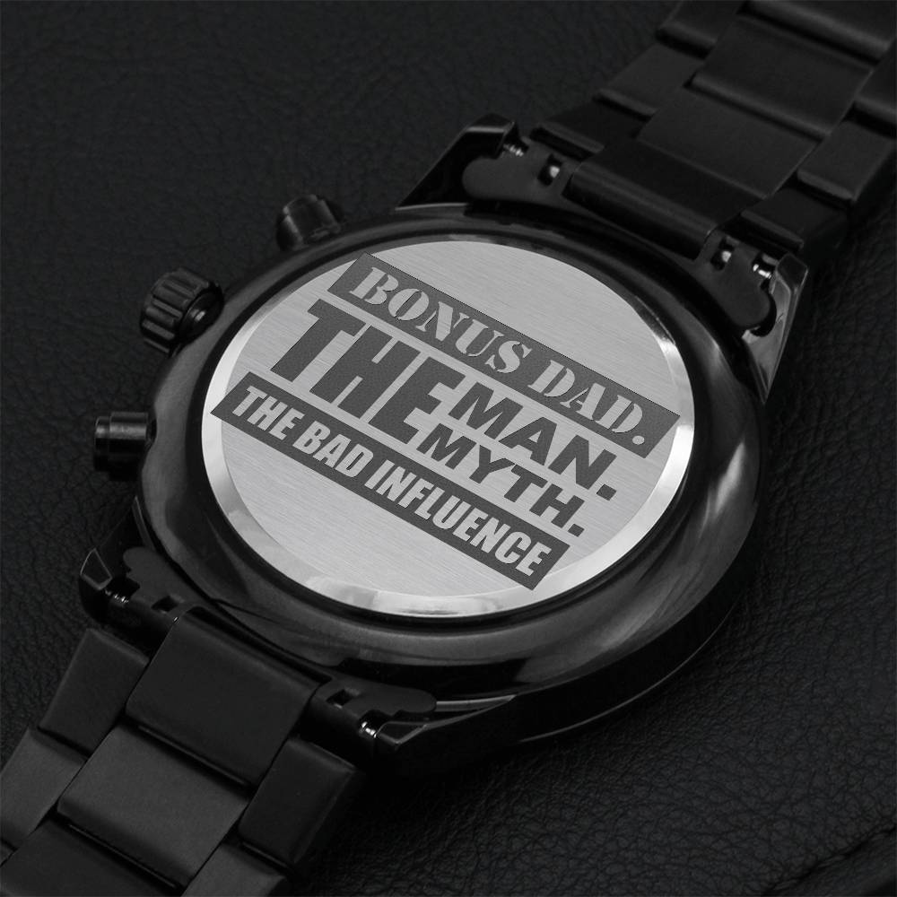 Bonus Dad The Man The Myth The Bad Influence Engraved Design Black Chronograph Watch Engraving Chronograph Watch