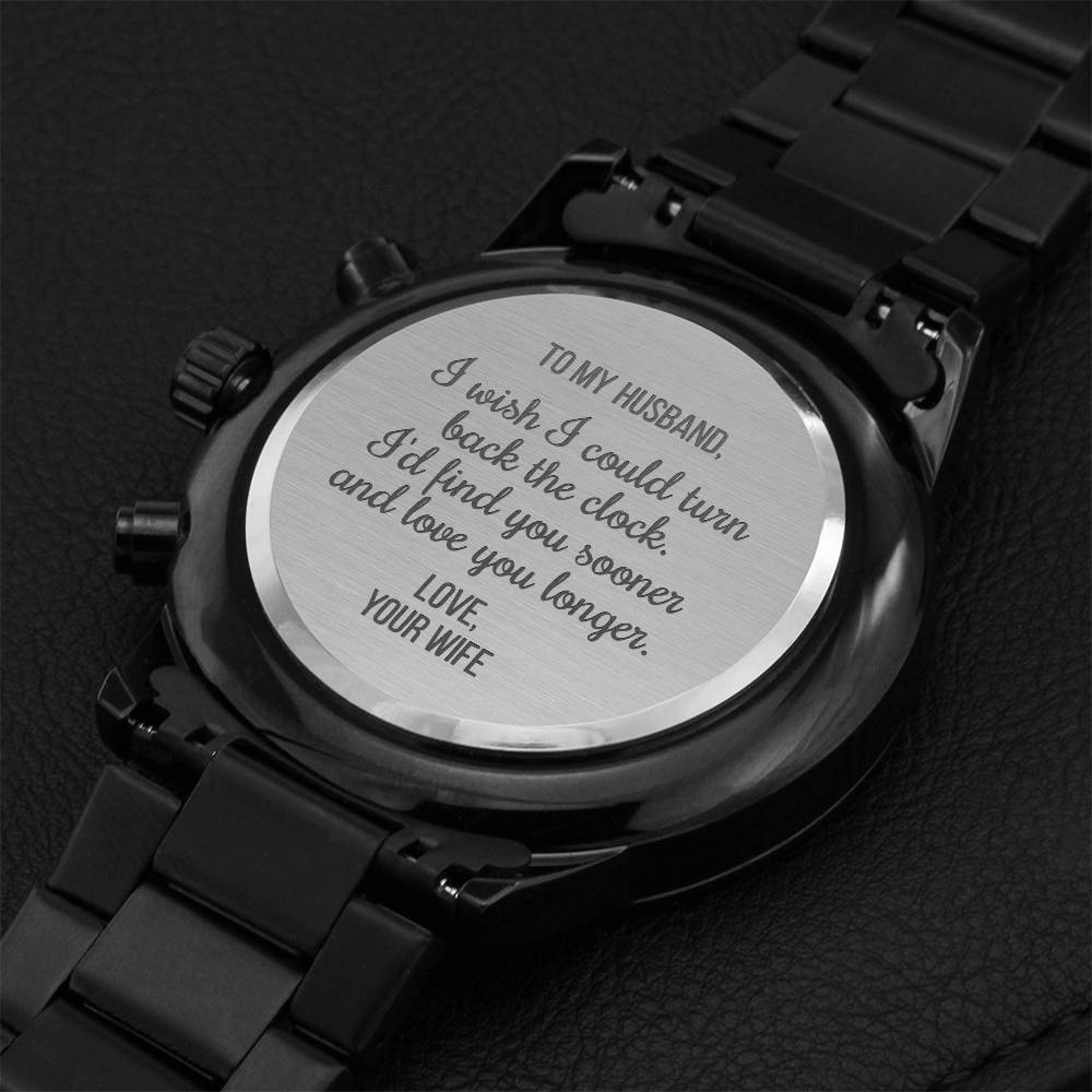 Gift For Husband Fathers Day Gift From Wife Husband Birthday Gift Black Chronograph Engraved Watch For Men Christmas Gift For Husband Engraving Chronograph Watch