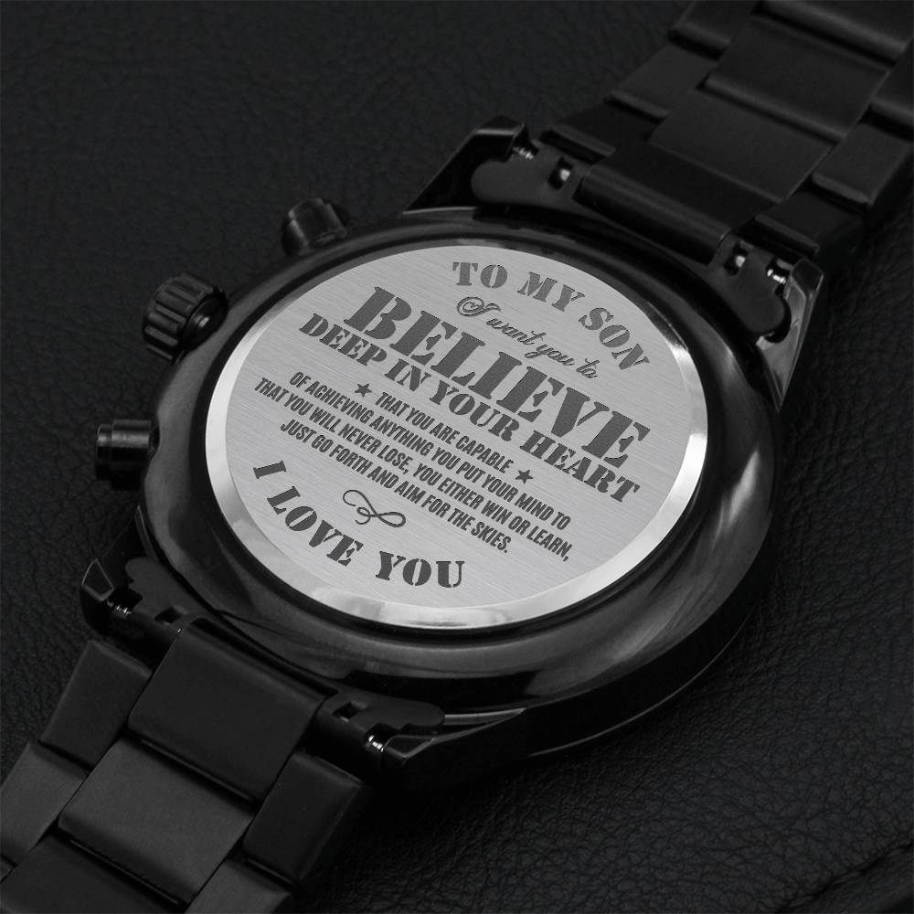 To My Son Engraved Black Watch Gift Engraving Chronograph Watch