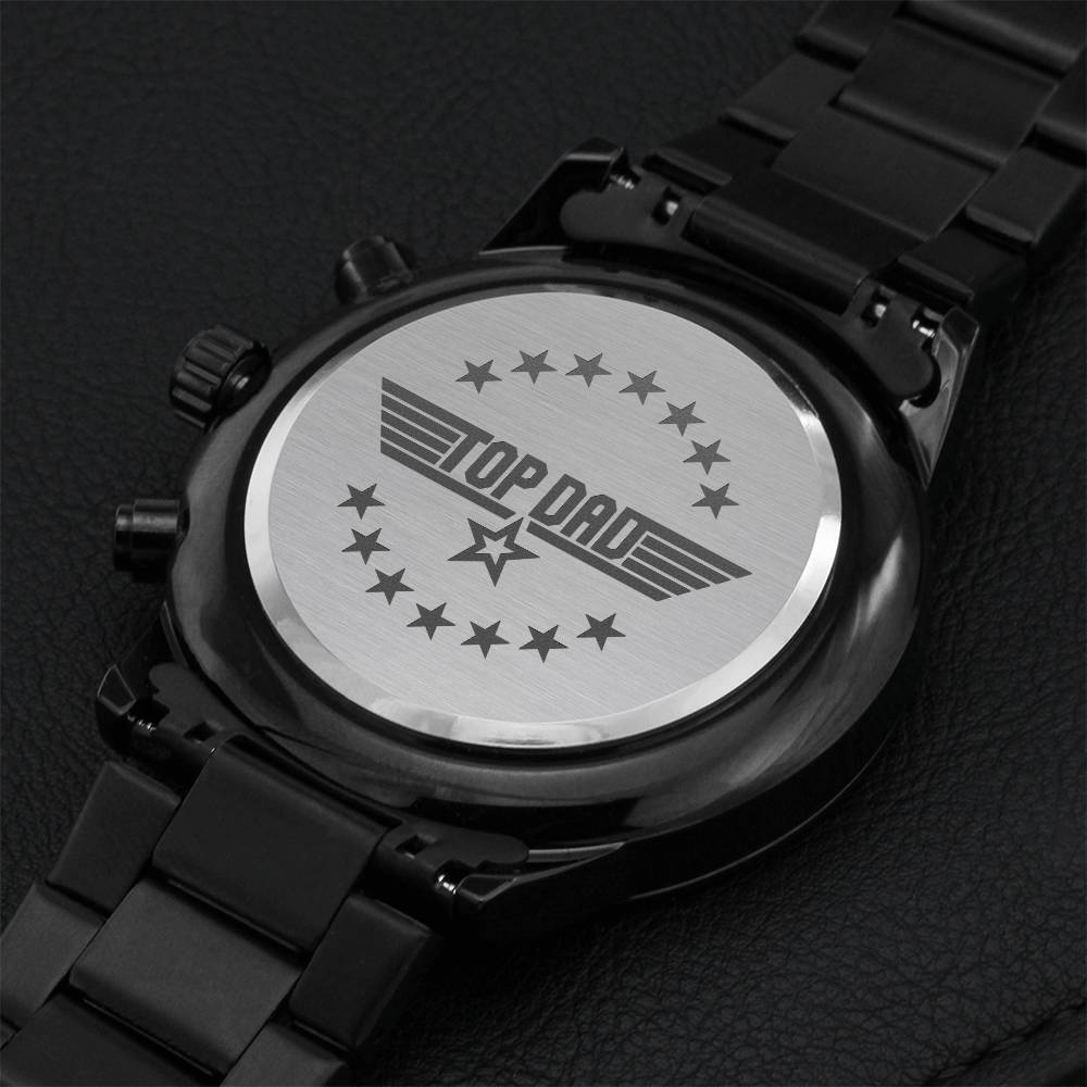 Top Dad Customized Black Chronograph Watch Engraving Chronograph Watch