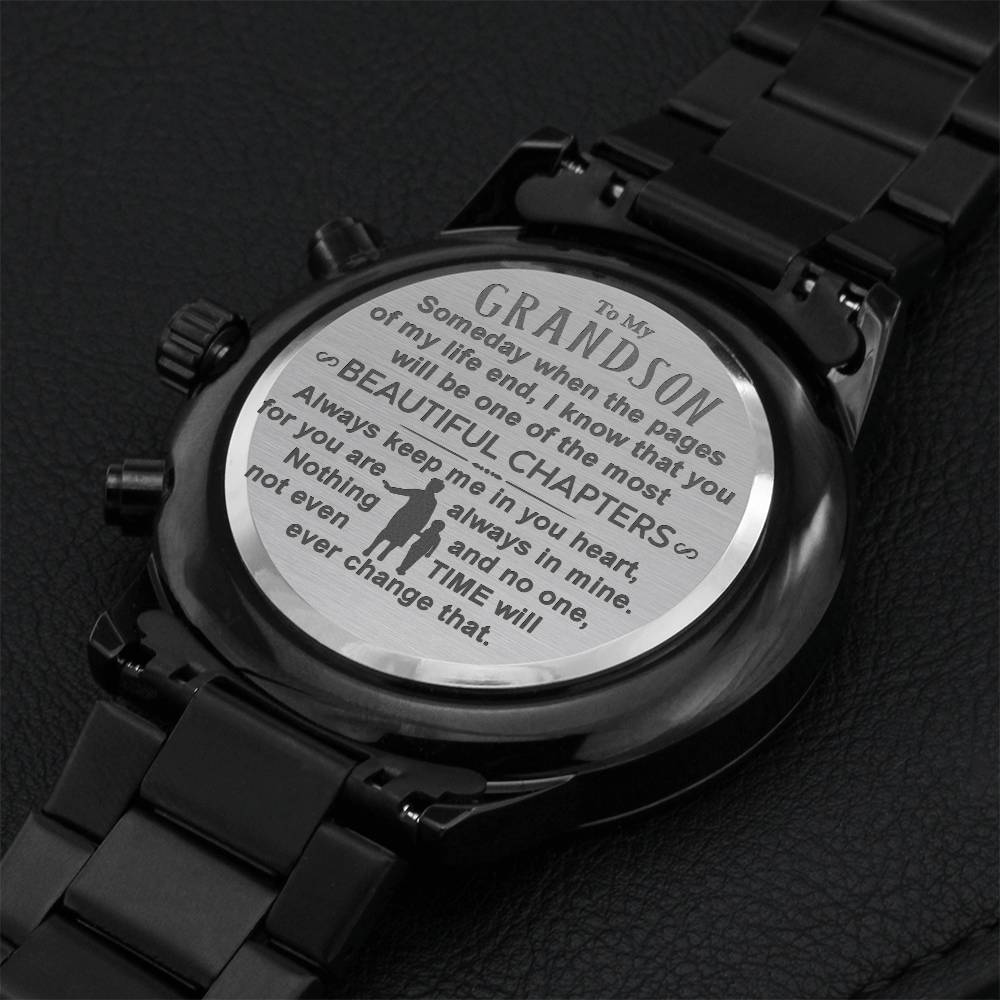 Grandson Most Beautiful Chapters Engraved Design Black Chronograph Watch Engraving Chronograph Watch