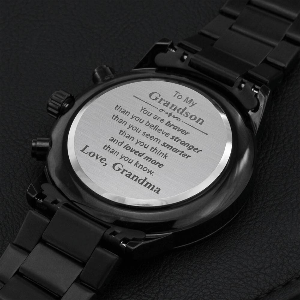 To My Grandson - Love Grandma Engraved Black Chronograph Watch Engraving Chronograph Watch