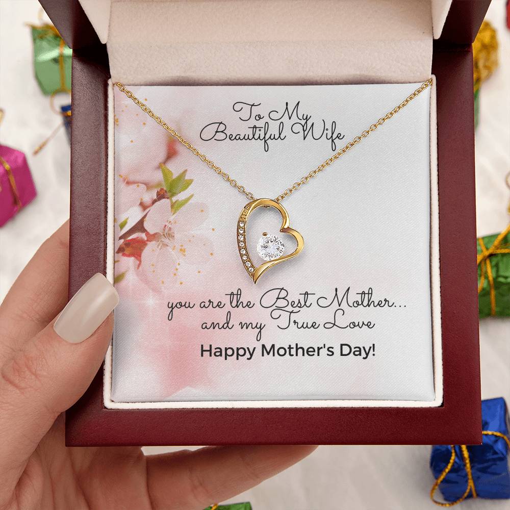 To My Beautiful Wife - Happy Mother's Day - Heart Necklace 14K White Gold Finish Or 18K Yellow Gold Finish - Made In U.S.A.🇺🇸 Forever Love Necklace