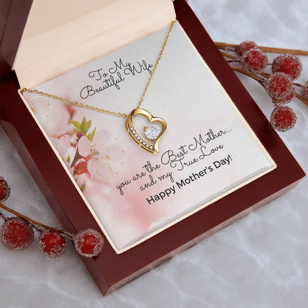 To My Beautiful Wife - Happy Mother's Day - Heart Necklace 14K White Gold Finish Or 18K Yellow Gold Finish - Made In U.S.A.🇺🇸 Forever Love Necklace