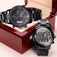 Gift-for-dad Customized Black Chronograph Watch Daddy Keep Our Daddy Safe Motivational Qoute Engraving Chronograph Watch