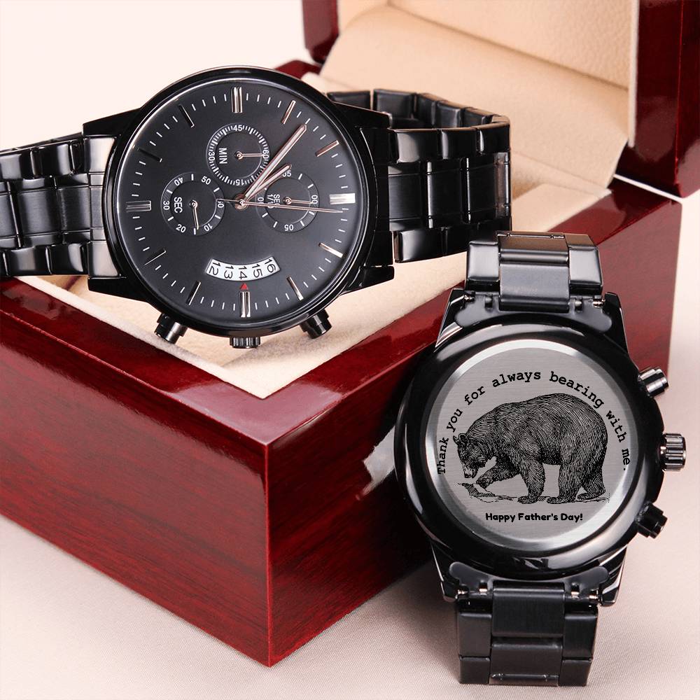Gift For Dad Thank You For Always Bearing With Me Black Watch Engraving Chronograph Watch