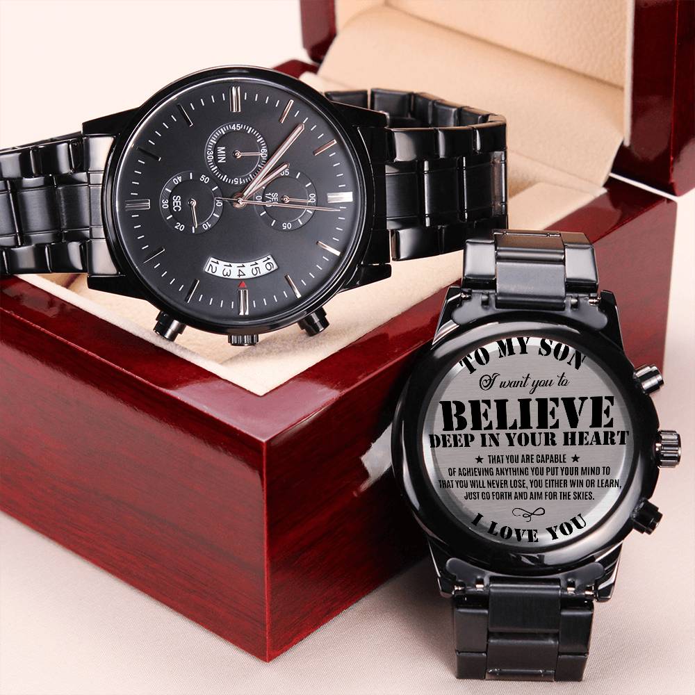 To My Son Engraved Black Watch Gift Engraving Chronograph Watch