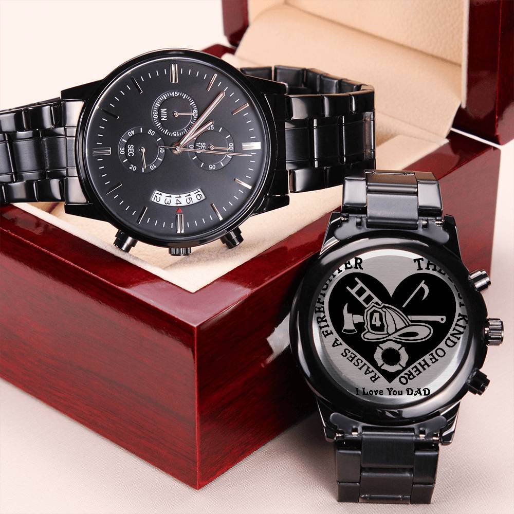 To My Best Firefighter Dad Engraved Design Black Chronograph Watch Engraving Chronograph Watch