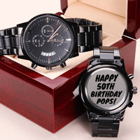 Happy 50th Birthday Pops Dad Birthday Gift Black Chronograph Watch Engraving Chronograph Watch