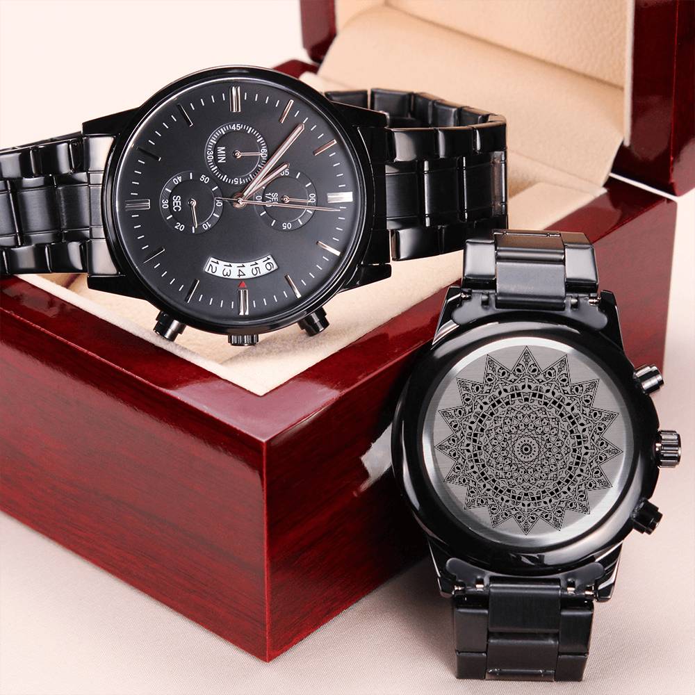 Mandala Engraved Watch Black Chronograph Watch Gift For Yogi Meditation Gift Yoga Gift Engraving Chronograph Watch
