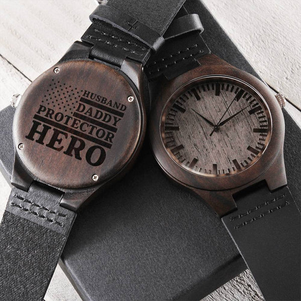 To Husband From Wife As Father's Day - Anniversary Special Gift Perfect Gift Idea For Couple Husband - Daddy - Protect Engraved Wooden Watch