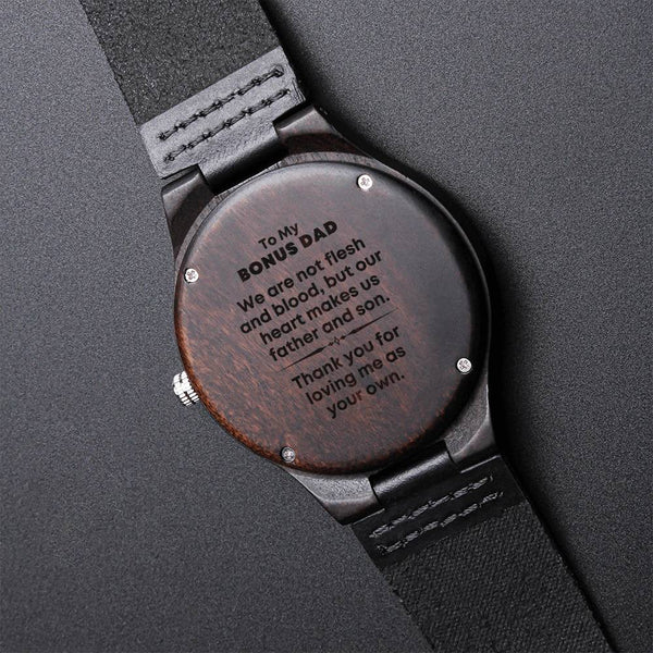 To My Bonus Dad Our Heart Makes Us Father And Son - Chronograph Watch - Bonus Son Gift From Bonus Dad To My Bonus Son Engraved Wooden Watch