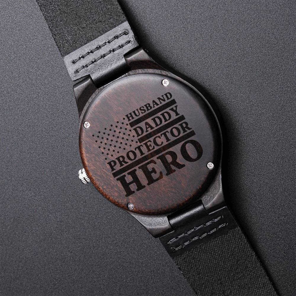 Husband Daddy Protector Hero Husband - Daddy - Protector - Hero - Black Wooden Watch Police Husband Gift New Daddy Pol1 Engraved Wooden Watch
