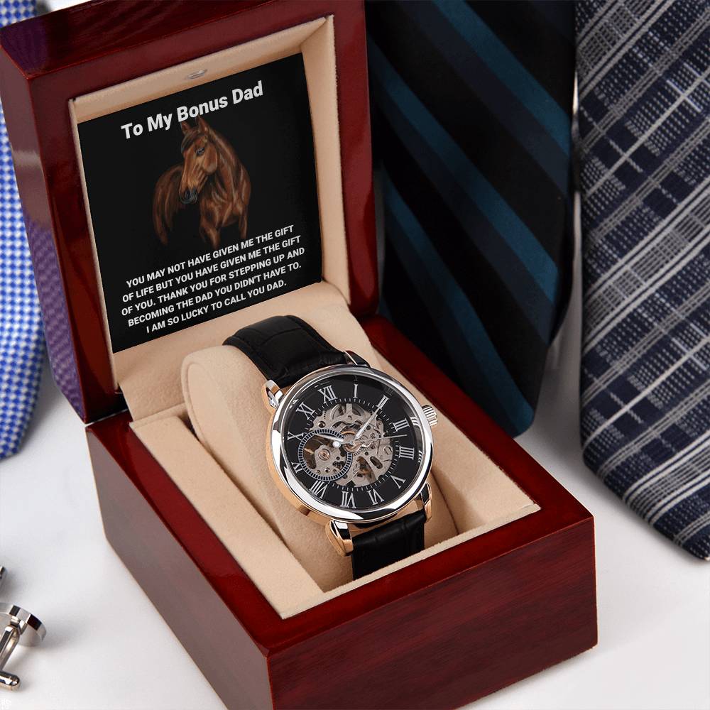 Step Dad Gift From Step Daughter Openwork Automatic Leather Strap Mens Watch Gift For Men To My Bonus Dad Stepped Up Dad Gift Openwork Watch