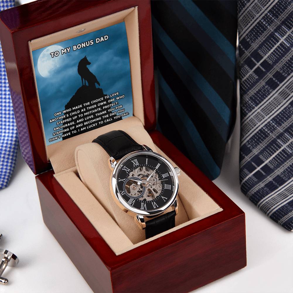 Step Dad Gift From Step Daughter Openwork Automatic Leather Strap Mens Watch Gift For Men To My Bonus Dad Stepped Up Dad Gift(1) Openwork Watch