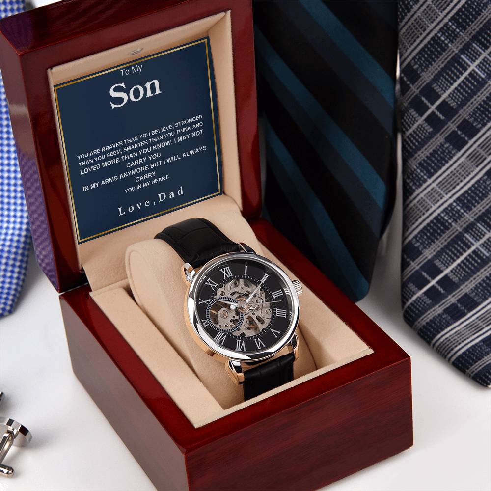 To My Son  You Are Braver Than You Believe Love Mom  Love You Forever Men's Openwork Watches
