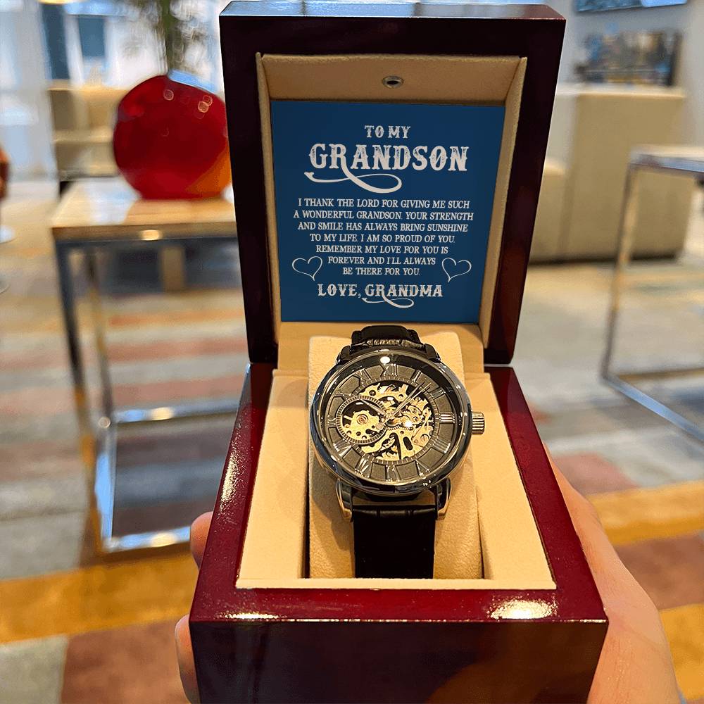 To My Grandson - Love Grandma - I Thank The Lord For Giving Me Such - Men's Openwork Watch - Gifts For Grandson