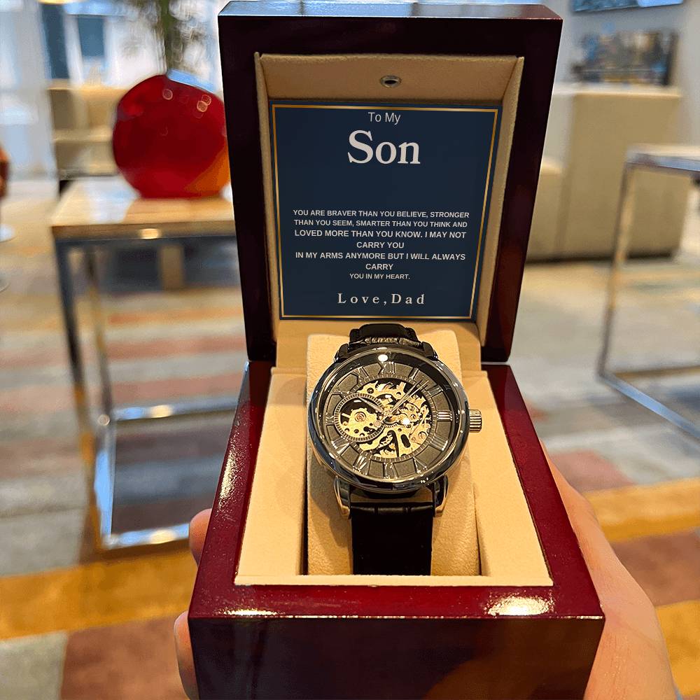 To My Son  You Are Braver Than You Believe Love Mom  Love You Forever Men's Openwork Watches