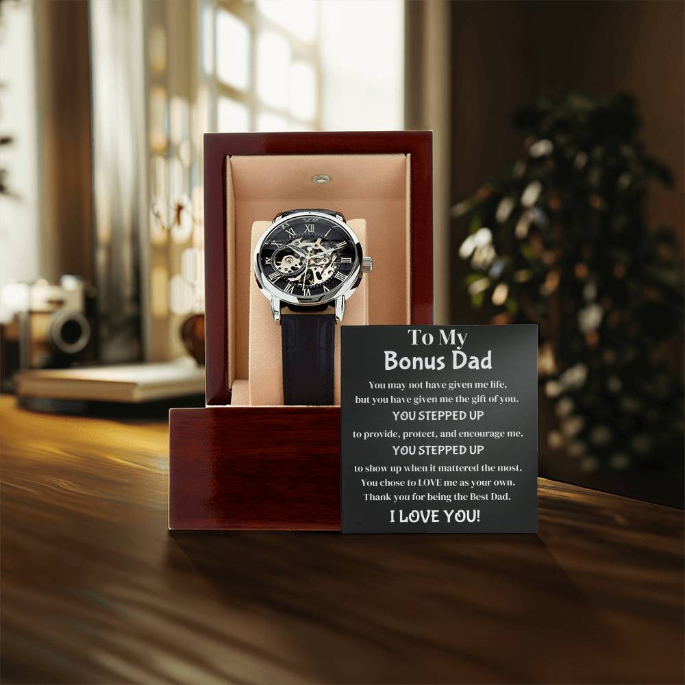 Men's Skeleton Black Band To My Bonus Dad Stepped Up Gift For Him Father's Day From Son Or Daughter Openwork Watch